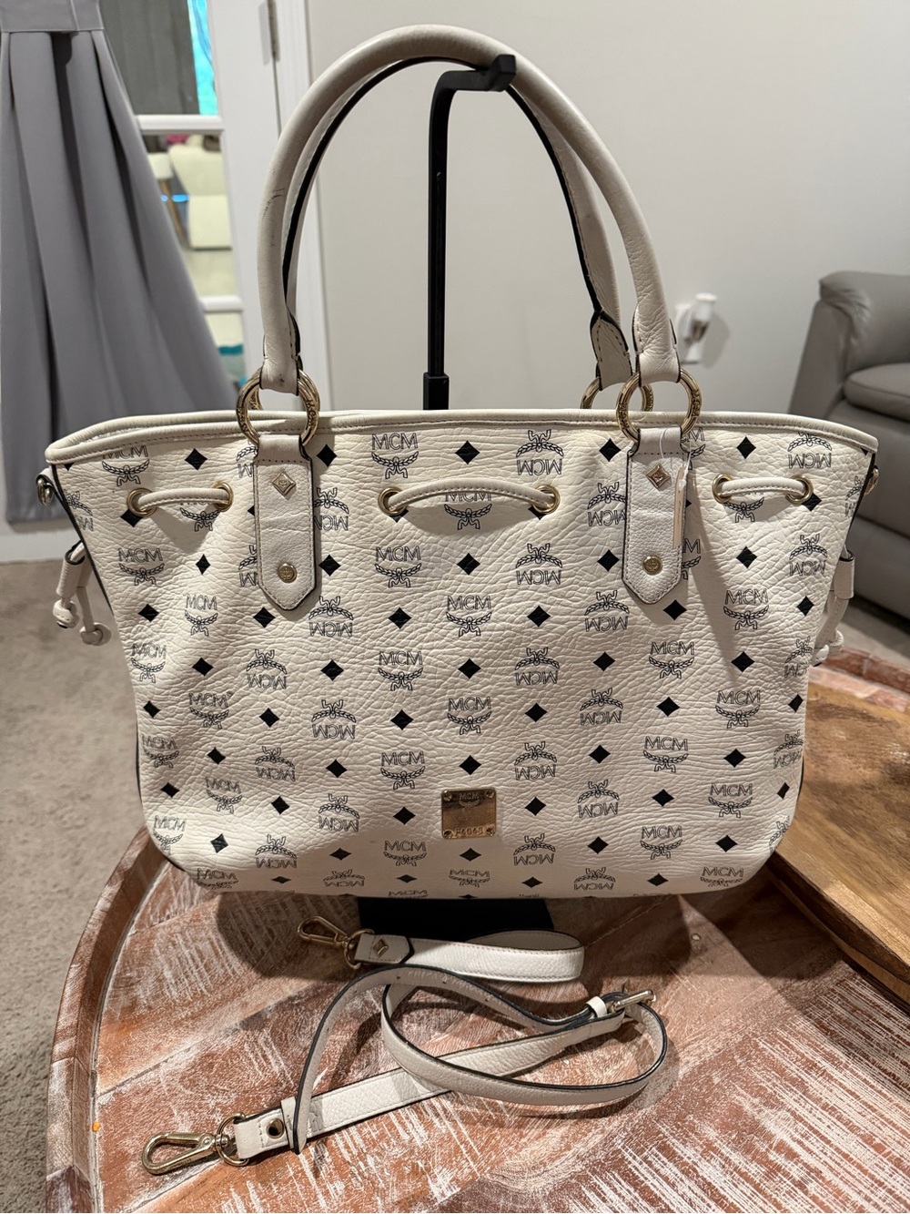 MCM Cream Visetos Monogram Tote with Gold Hardware